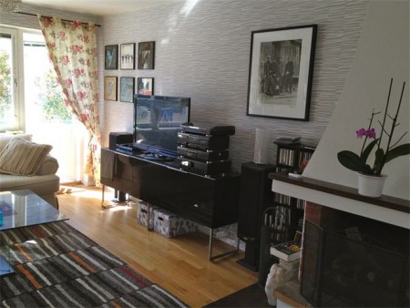 Vardagsrummet - Öppna spisen och tv/musiksidan. 